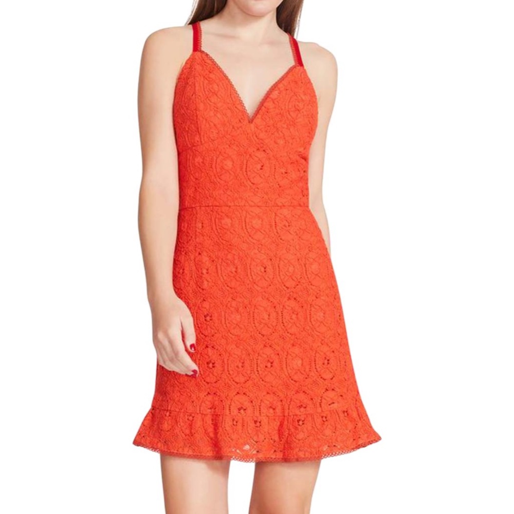 NEW Betsey Johnson RED Orange LACE Halter Back FLOUNCE HEM Cocktail Mini DRESS L